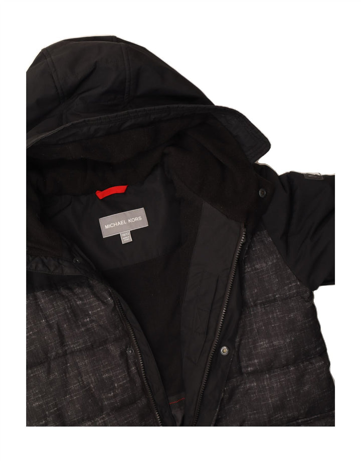 MICHAEL KORS Boys Hooded Padded Jacket 10-11 Years Black Colourblock Vintage Michael Kors and Second-Hand Michael Kors from Messina Hembry 
