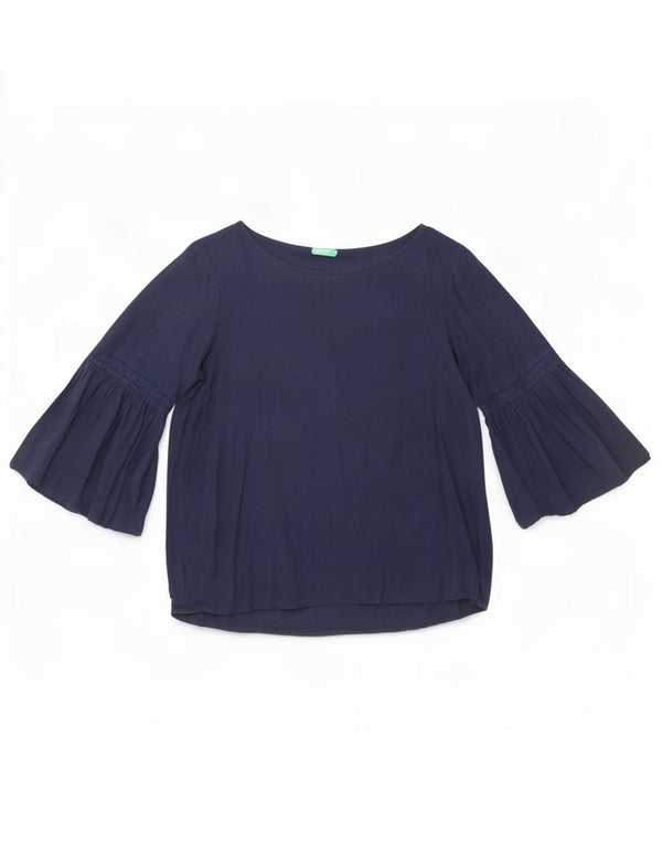 Benetton Dame 3/4 ærmet bluse Top UK 12 Medium Navy Blue Viscose