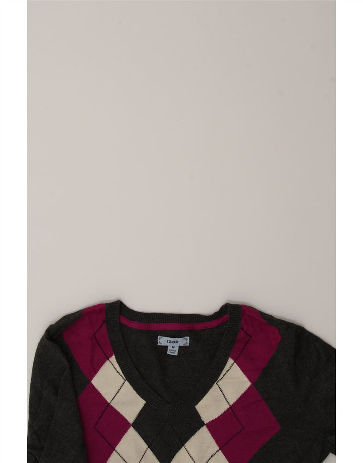 IZOD Womens V-Neck Jumper Sweater UK 14 Medium Grey Argyle/Diamond Cotton Vintage Izod and Second-Hand Izod from Messina Hembry 