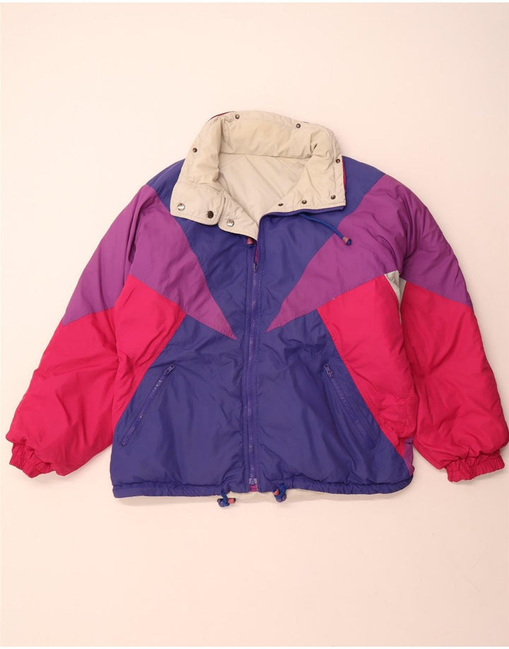 VINTAGE Vendbar jakke med hætte til kvinder, stor beige colourblock polyester