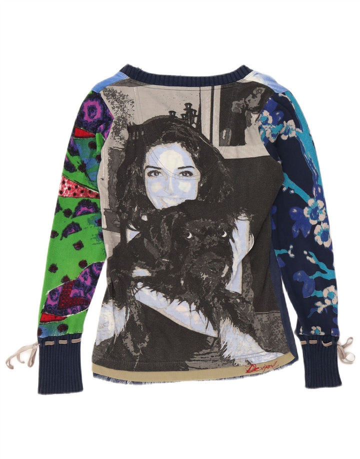 DESIGUAL Dame Grafisk Top Langærmet UK 14 Medium Navy Blue Floral