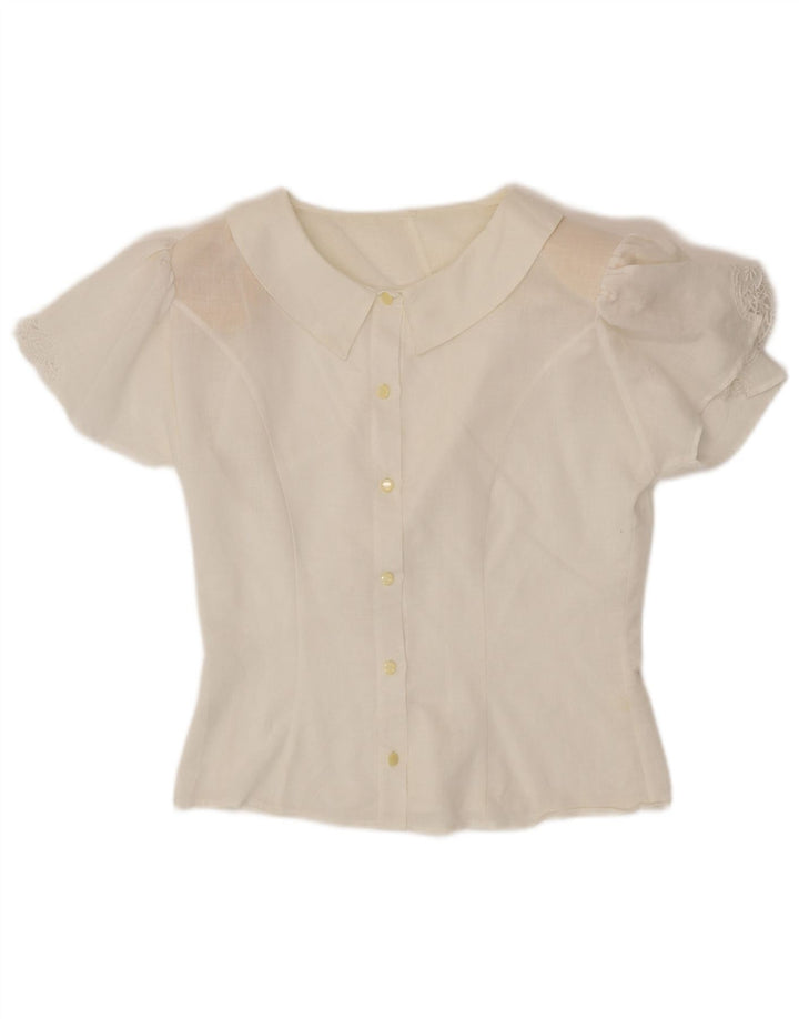 VINTAGE Kortærmet skjortebluse til kvinder UK 12 Medium White Bomuld