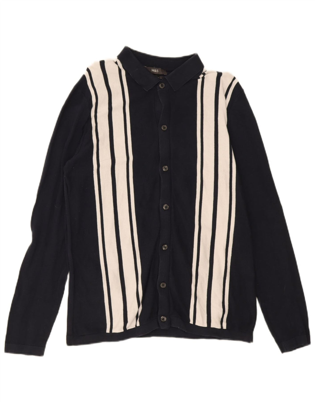 Marks & Spencer herre cardigan sweater Medium marineblå stribet bomuld