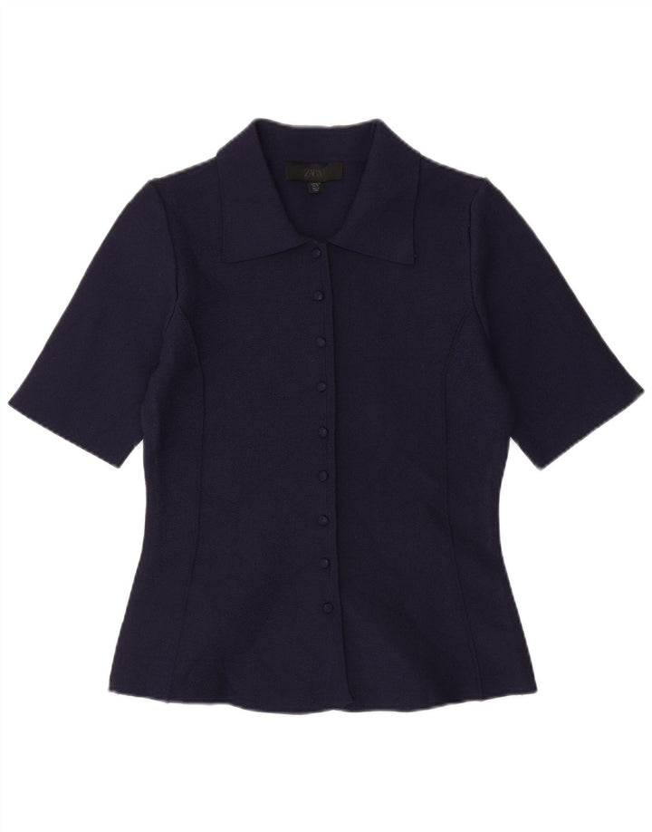 ZARA Kortærmet skjortebluse til kvinder UK 12 Mellem marineblå polyester