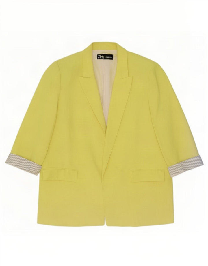Zara Dame 3/4 ærmet åben blazerjakke UK 16 Large Yellow Acetate
