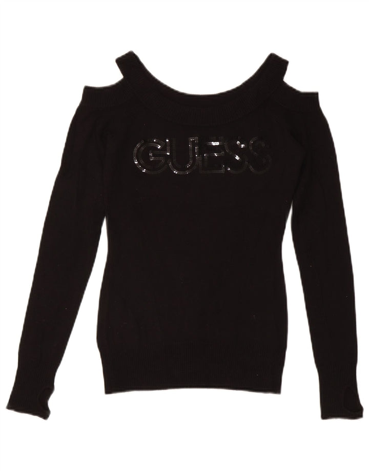 GUESS Dame grafisk bådhals sweater UK 8 Small Black