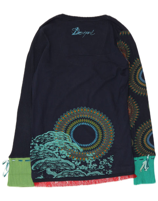 Desigual Dame Grafisk Top Langærmet UK 12 Medium Navy Blue Geometric