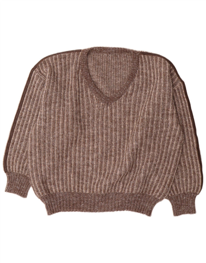 Vintage Herre V-hals sweater IT 50 Medium Brun Stribet Uld