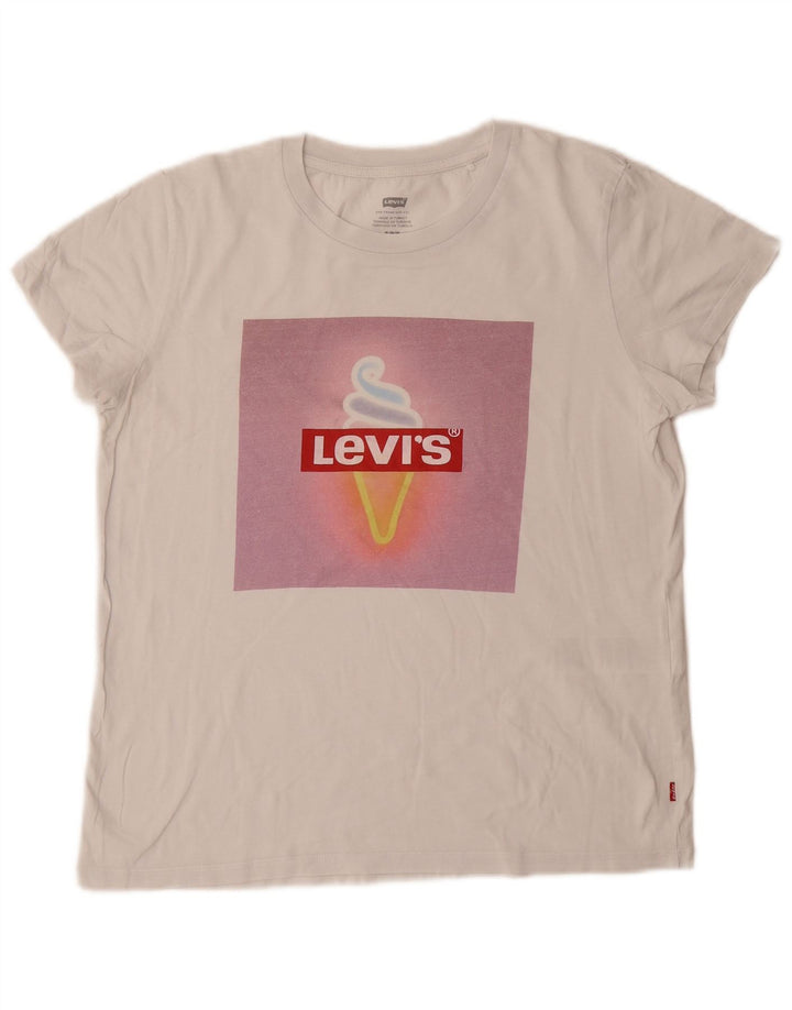 LEVI'S Grafisk T-shirt top til kvinder UK 12 Medium hvid bomuld