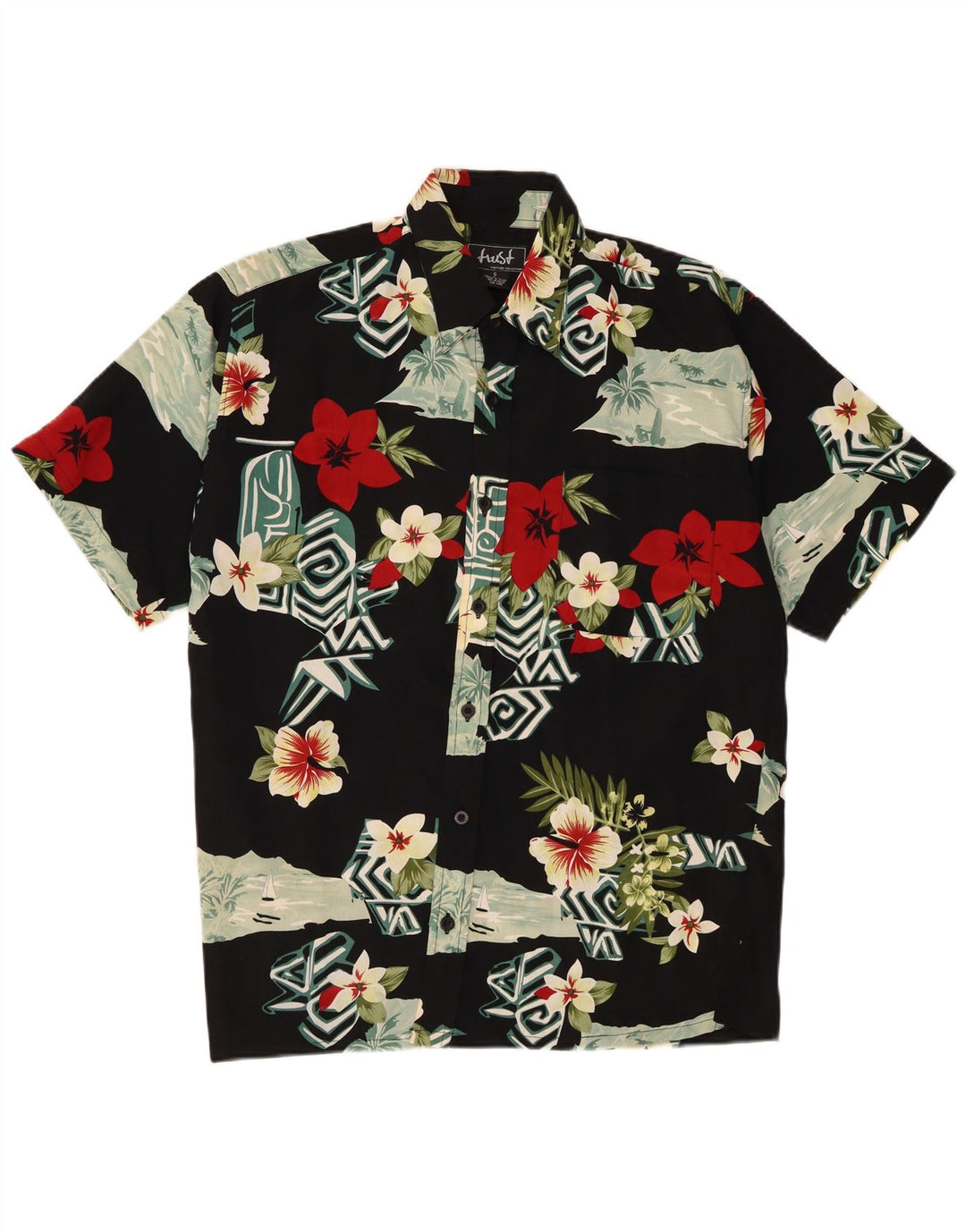 Vintage kortærmet herreskjorte lille sort blomstret polyester hawaiiansk