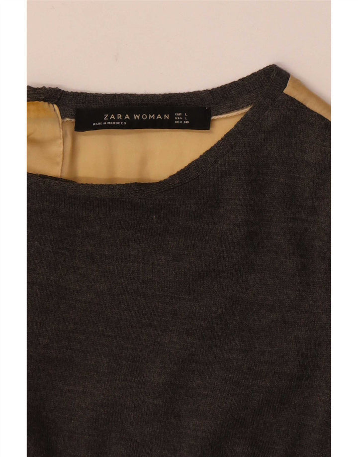 Zara Dame 3/4 ærmet bluse Top UK 16 Large Grey Colourblock