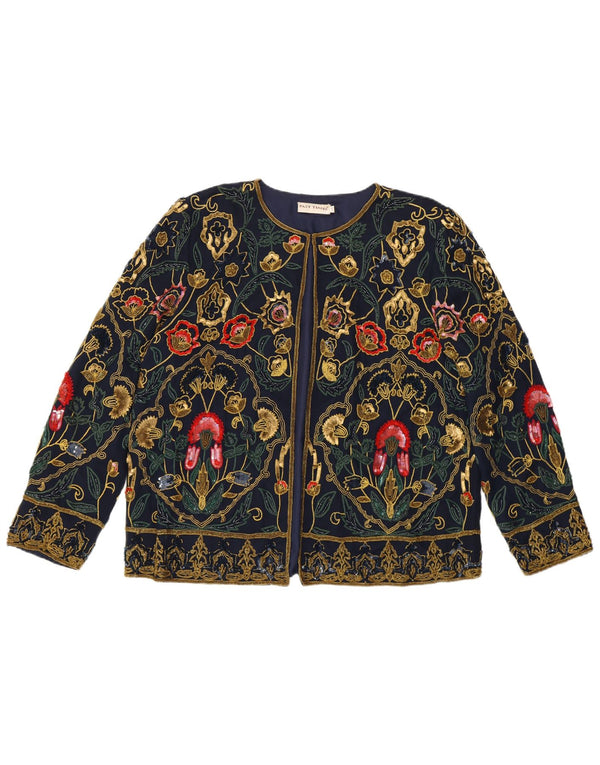 SIDSTE TID Dame Loose Fit Cardigan Top UK 10 Small Navy Blue Floral Silke