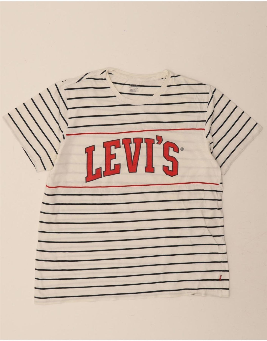 LEVI'S Mens Graphic T-Shirt Top Large White Striped Vintage Levi's and Second-Hand Levi's from Messina Hembry 