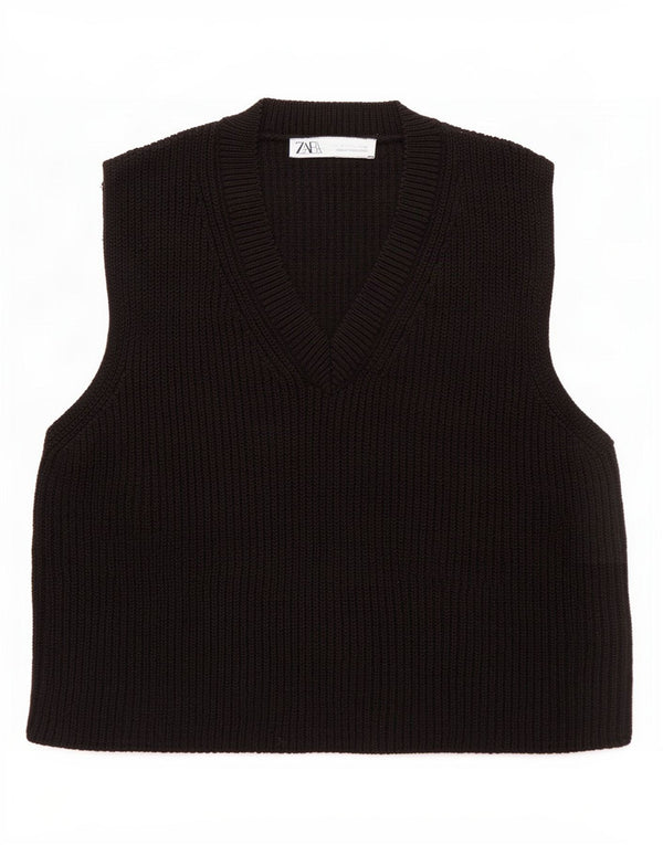 Zara Womens Crop Vest Tank Top UK 10 Small Black Cotton