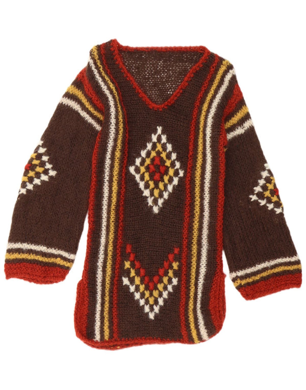 Vintage Dame V-hals sweater UK 12 Medium Brun Geometrisk Aztec