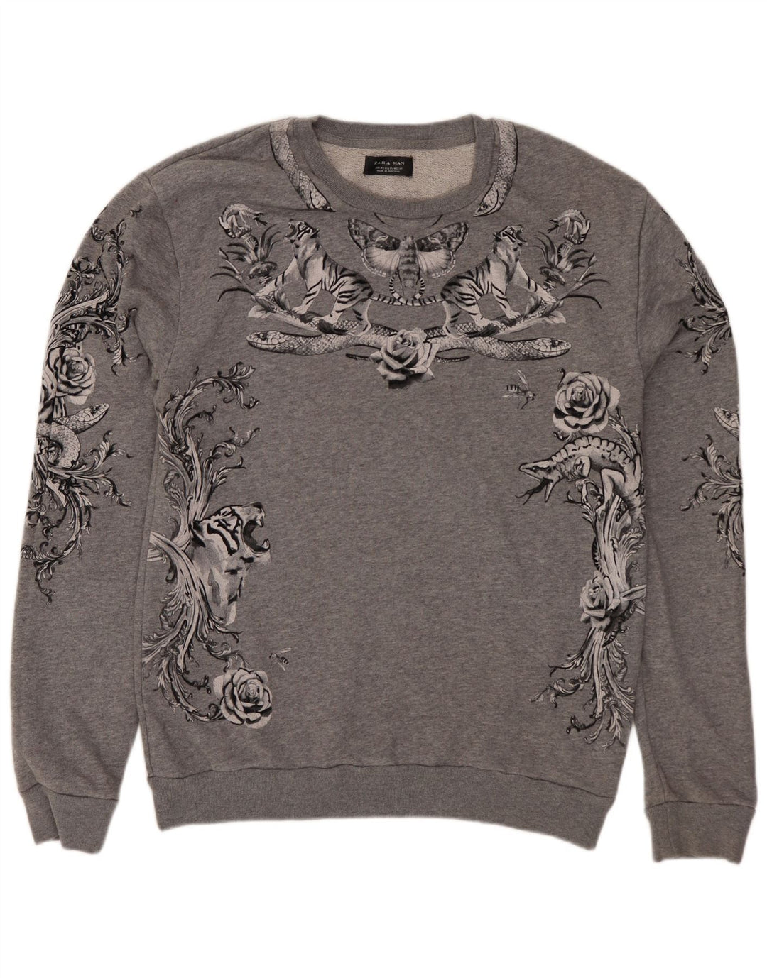 Zara Herre Grafisk Sweatshirt Jumper Medium Grey Floral Bomuld
