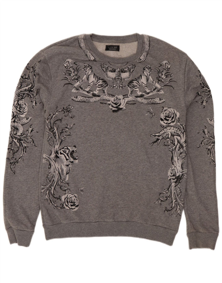 Zara Herre Grafisk Sweatshirt Jumper Medium Grey Floral Bomuld