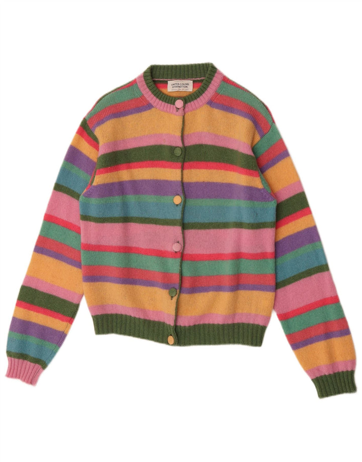 Benetton Dame Cardigan Sweater UK 10 Lille flerfarvet stribet uld