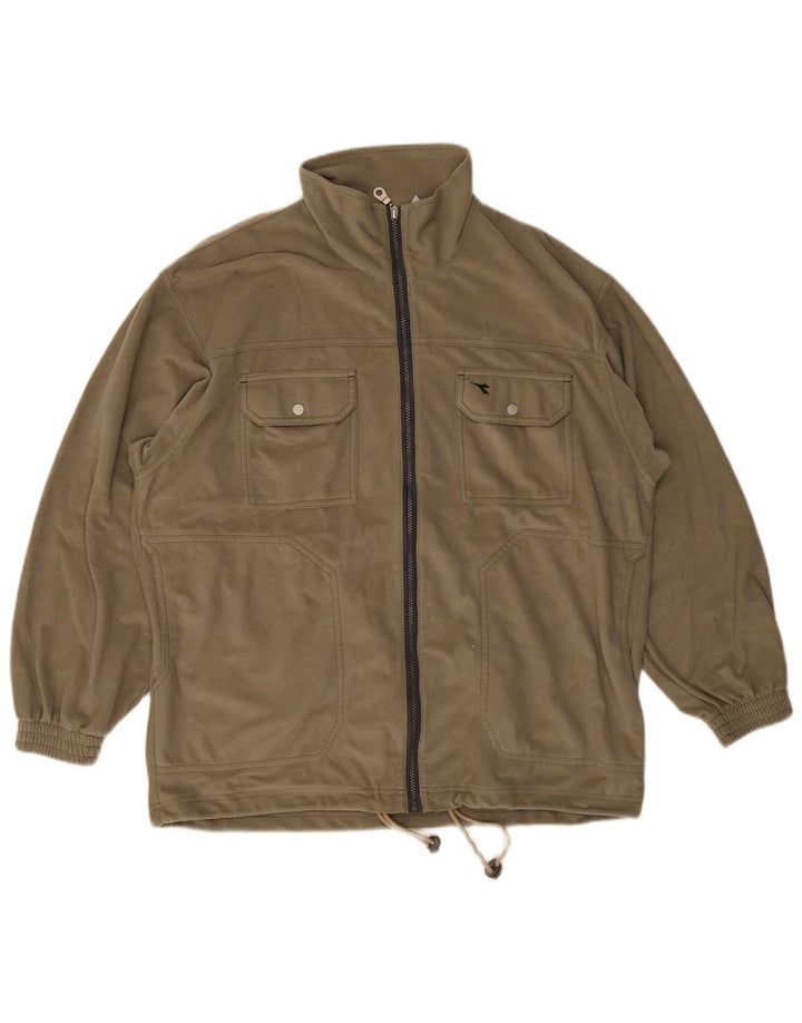 Diadora Herre Velour Træningsdragt Top Jakke UK 42 Stor Khaki Polyester
