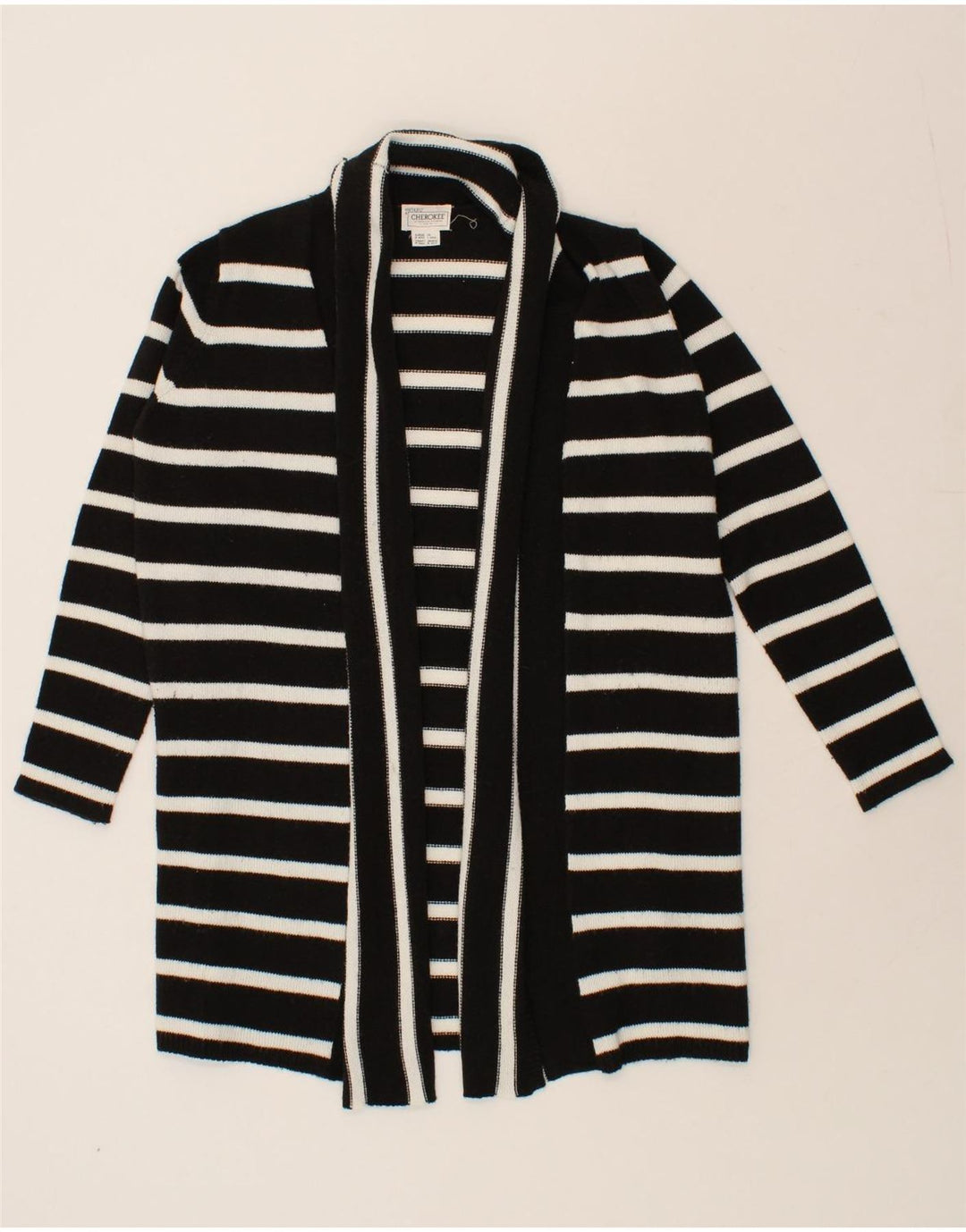 CHEROKEE Womens Longline Cardigan Sweater UK 14 Medium Black Striped Vintage Cherokee and Second-Hand Cherokee from Messina Hembry 