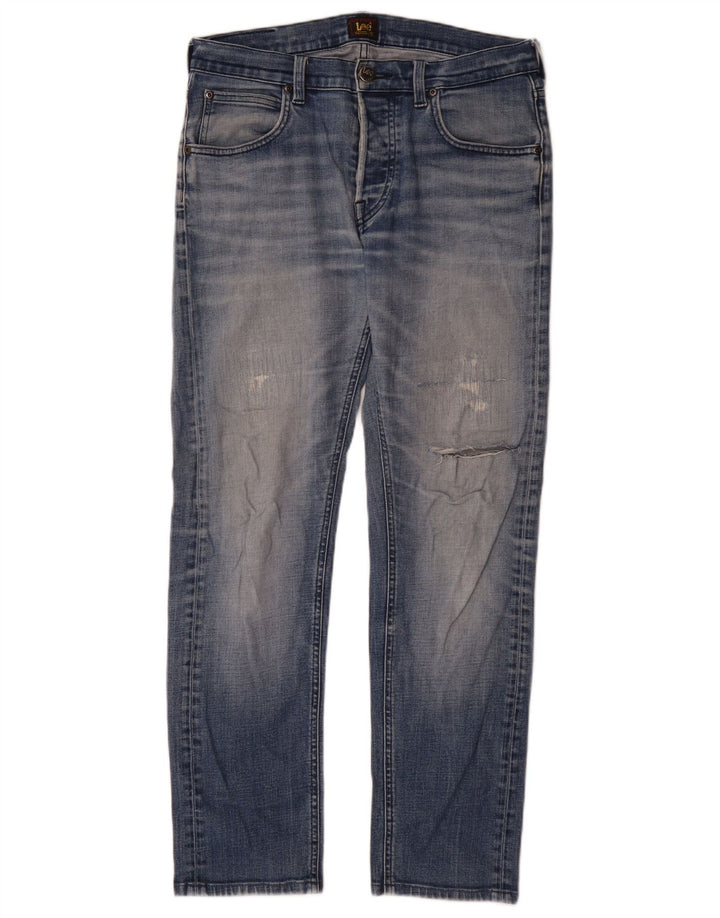 Lee Mens Distressed Straight Jeans W30 L31 Blå Bomuld