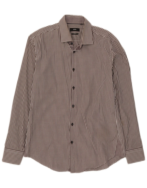 Hugo Boss Herre Slim Fit Skjorte Størrelse 40 15 1/2 Medium Brun Gingham Bomuld