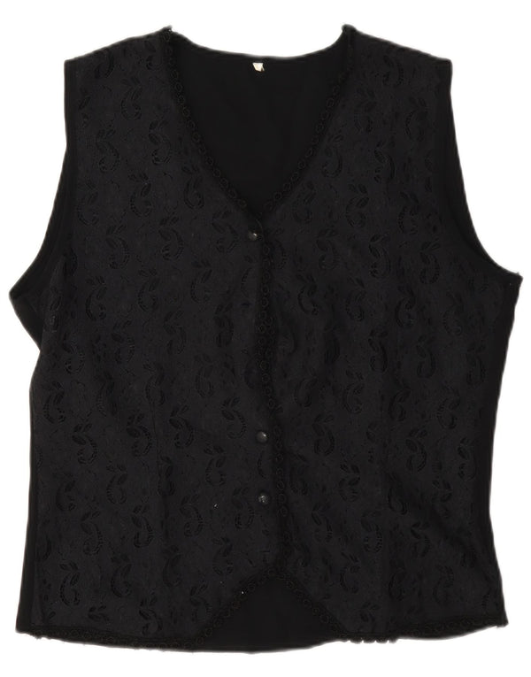 Vintage kvinders ærmeløs blondeskjorte bluse UK 16 Large Black Floral