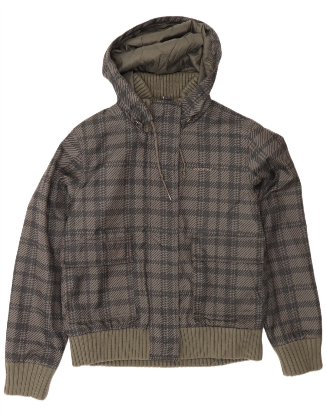 Dickies Dame Hooded Bomber Polstret Jakke UK 14 Large Grey Houndstooth