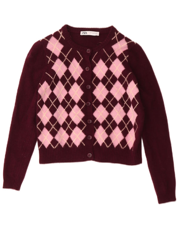 Zara Womens Crop Cardigan Sweater UK 12 Medium Burgundy Argyle/Diamond Wool
