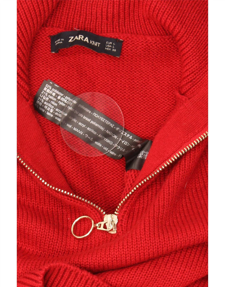 Zara Dame Zip Neck Jumper Sweater UK 14 Large Rød Polyester