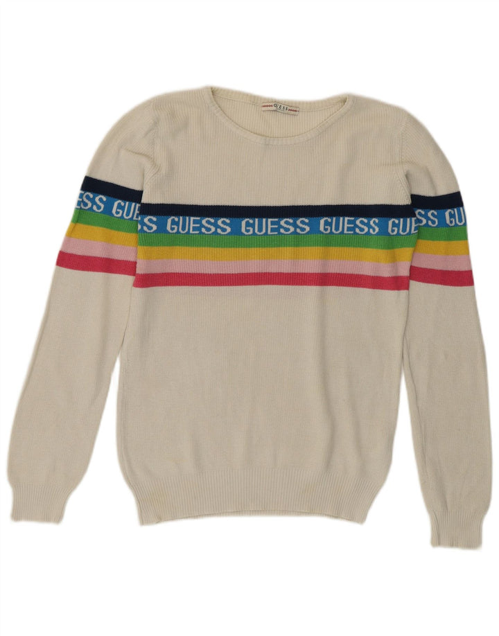 Guess Dame grafisk rund hals sweater UK 8 Lille hvid bomuld