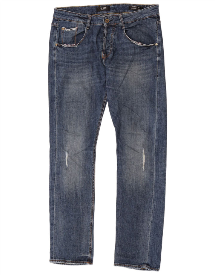 Guess Herre Lige Distressed Slim Jeans W30 L33 Blå Polyester