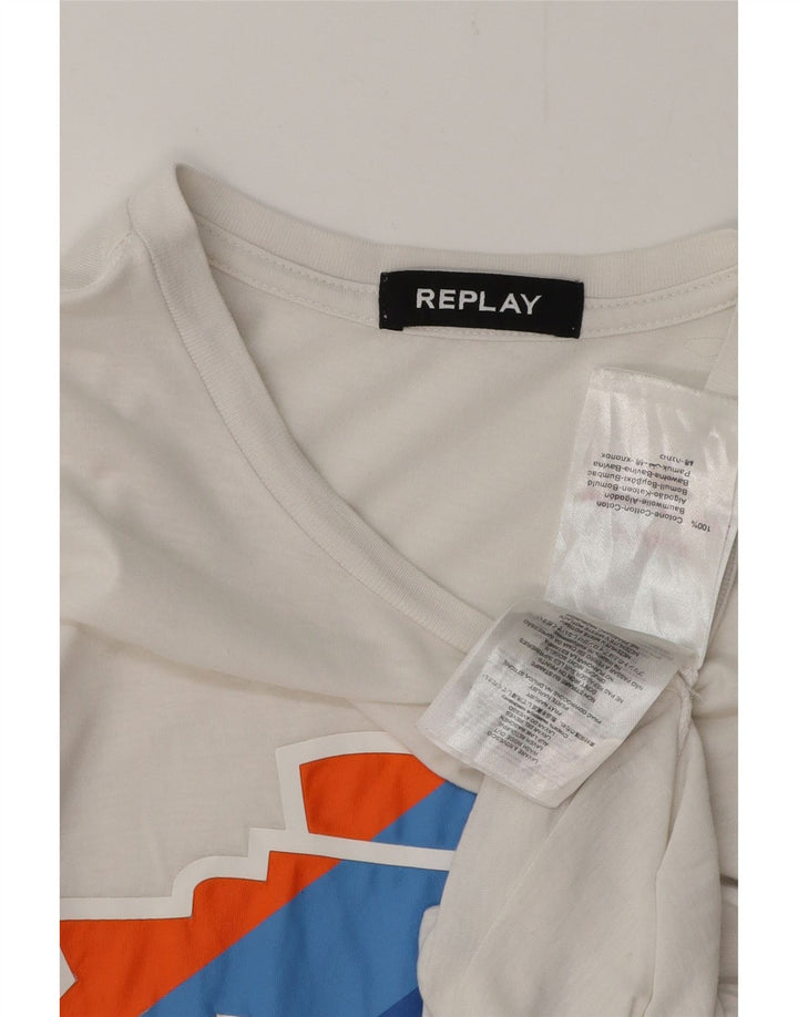 REPLAY Dame Grafisk T-Shirt Top UK 12 Medium White Bomuld
