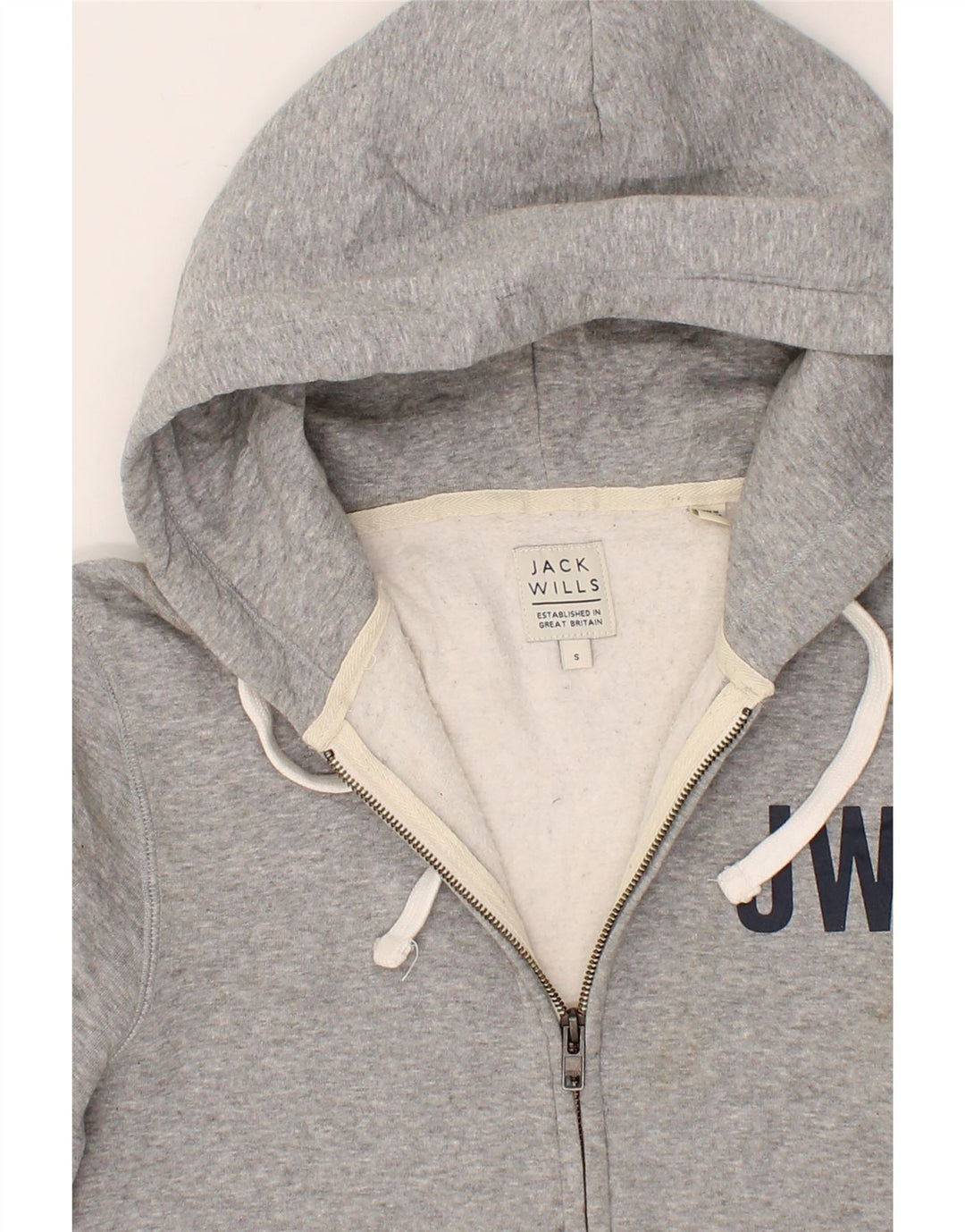 JACK WILLS Mens Graphic Zip Hoodie Sweater Small Grey Cotton Vintage Jack Wills and Second-Hand Jack Wills from Messina Hembry 