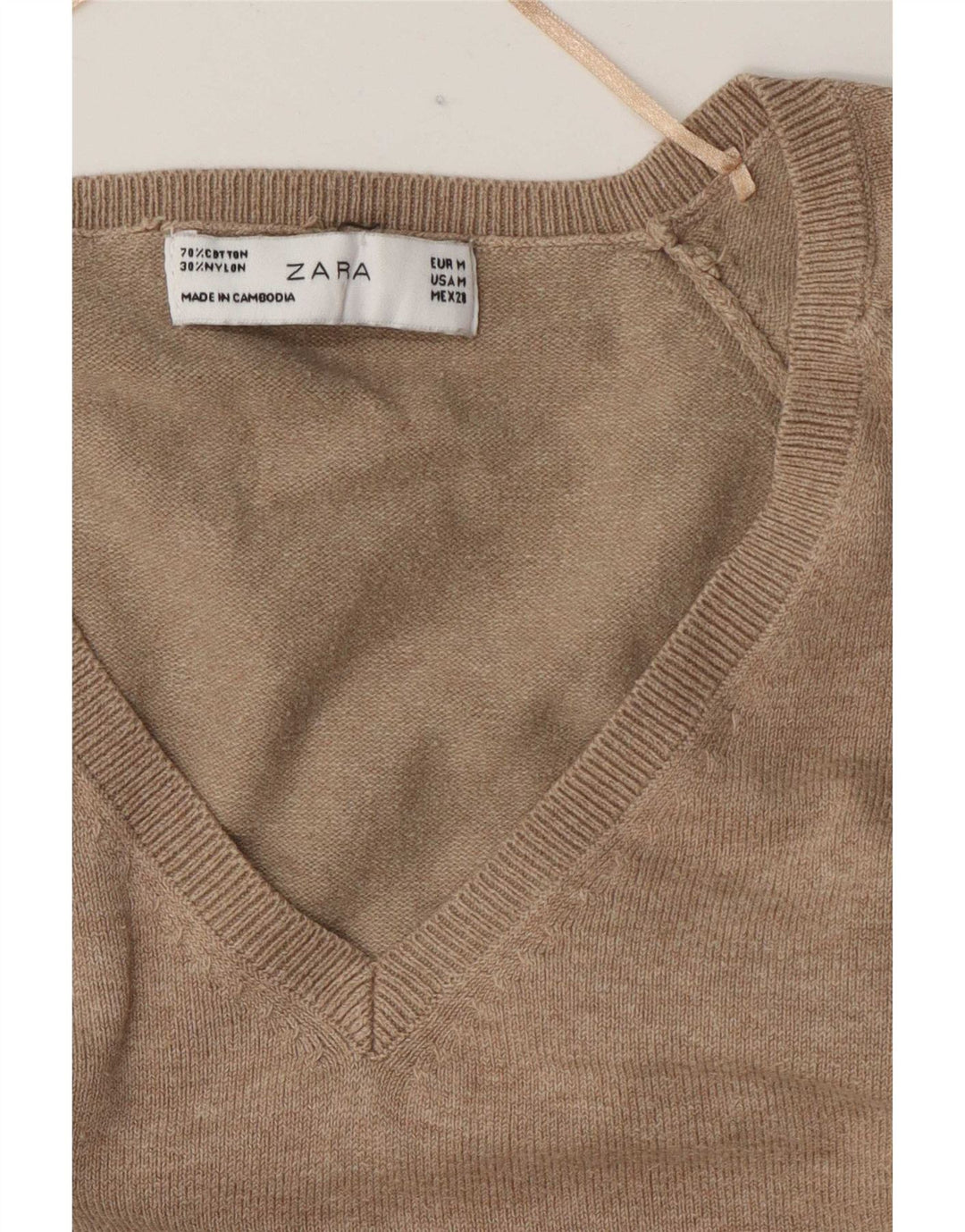 Zara Dame V-hals sweater UK 14 Medium Brun Bomuld