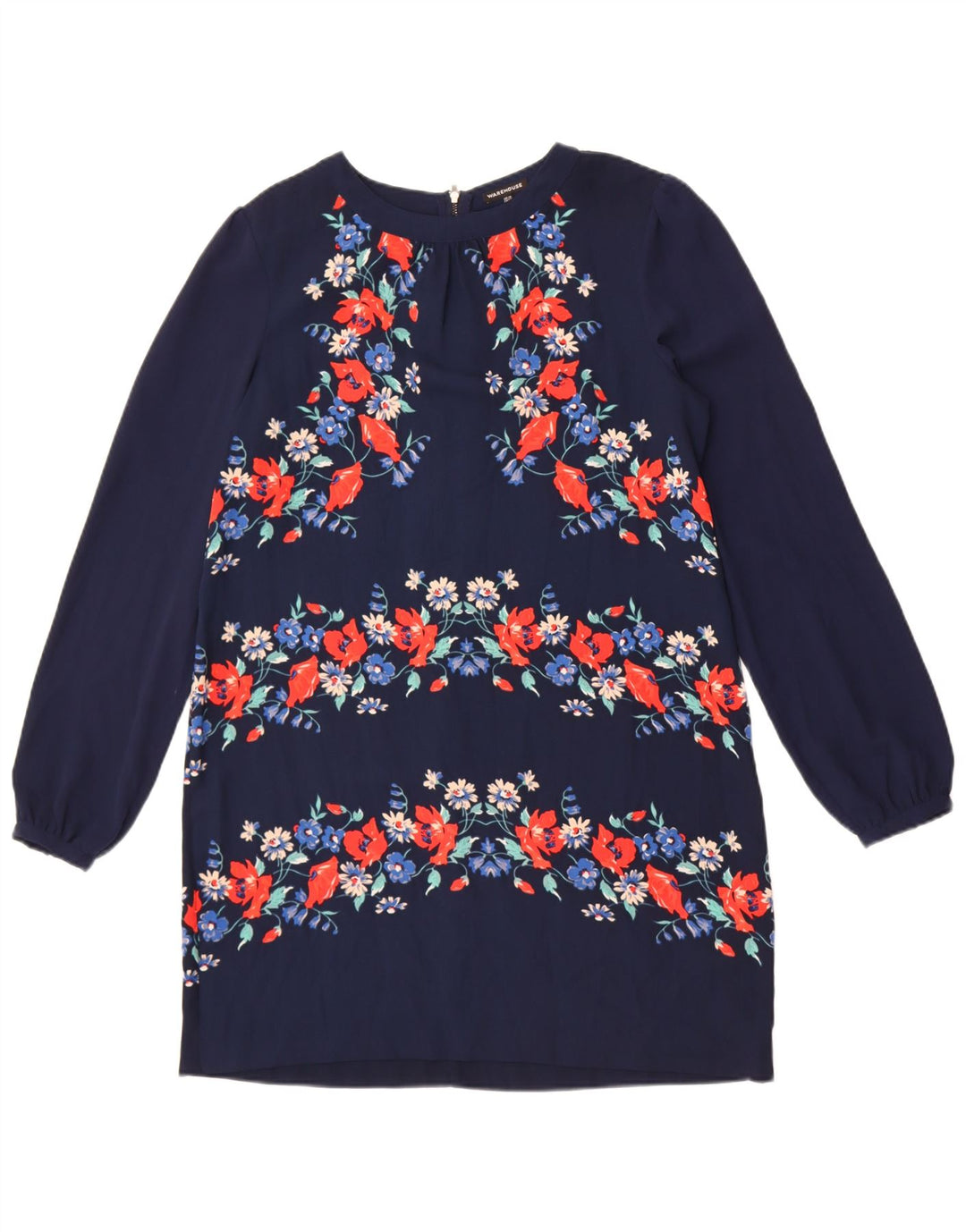 Warehouse Dame Langærmet Skift Kjole UK 14 Medium Navy Blue Floral