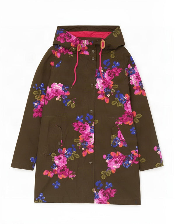 Joules Regnfrakke med hætte til kvinder UK 8 Small Khaki Floral Cotton