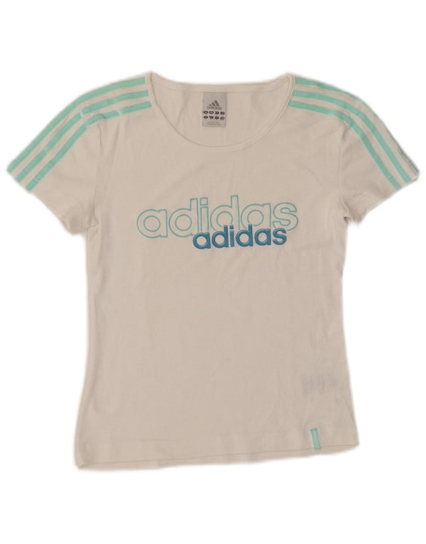 ADIDAS Dame Crop Grafisk T-Shirt Top UK 10 Small White Bomuld