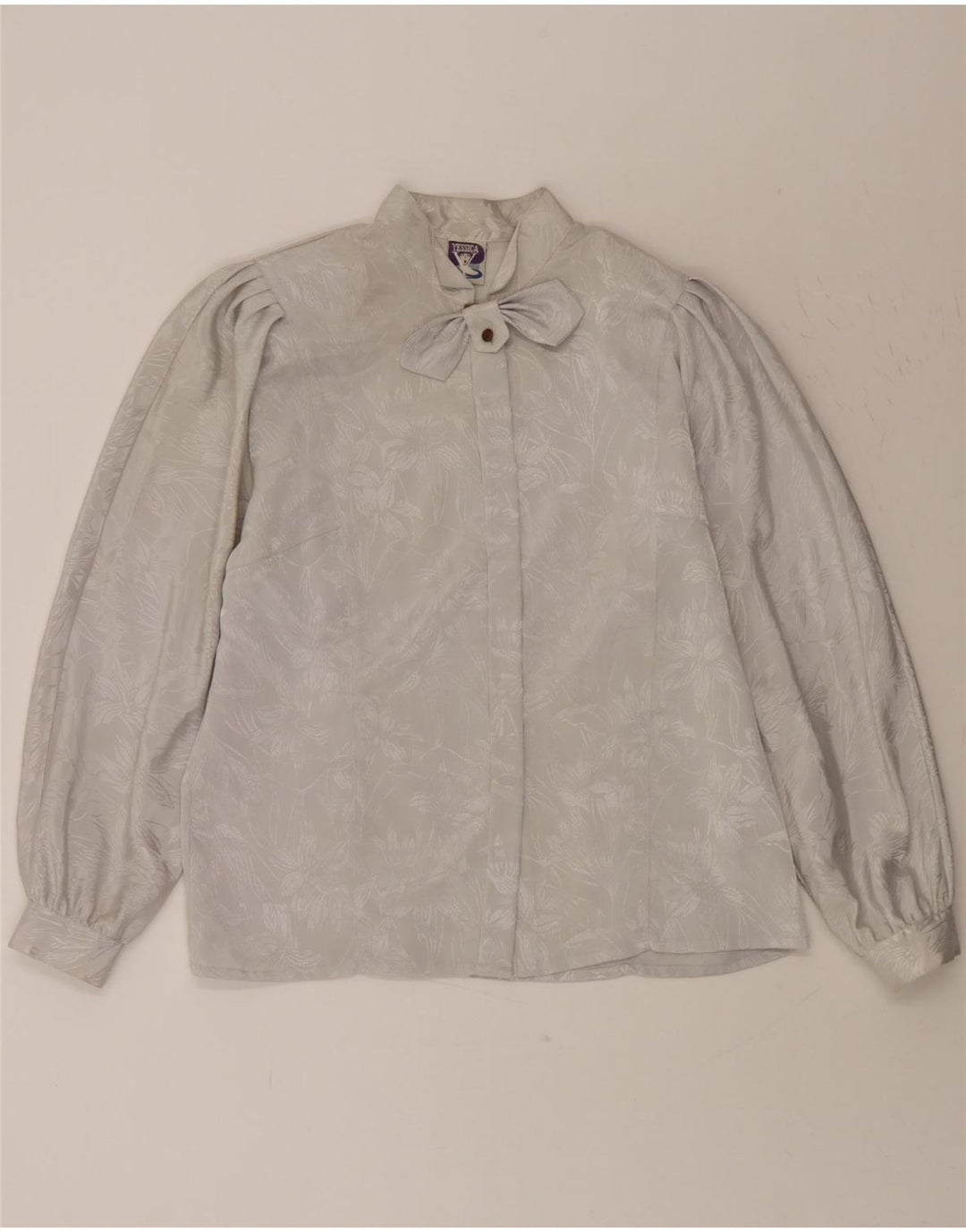 YESSICA Womens Bow Tie Shirt Blouse EU 42 Large Grey Floral Polyester Vintage Yessica and Second-Hand Yessica from Messina Hembry 
