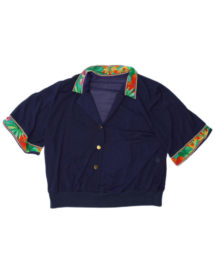 VINTAGE Womens Crop Bluse Top IT 48 XL Navy Blue Floral