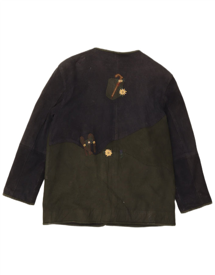Vintage kvinders grafisk læderjakke EU 42 Large Green Colourblock læder
