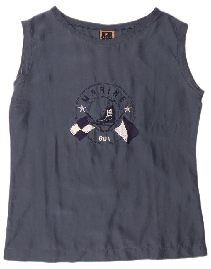 Martin's Dame grafisk ærmeløs bluse Top IT 42 Medium Navy Blue Silke
