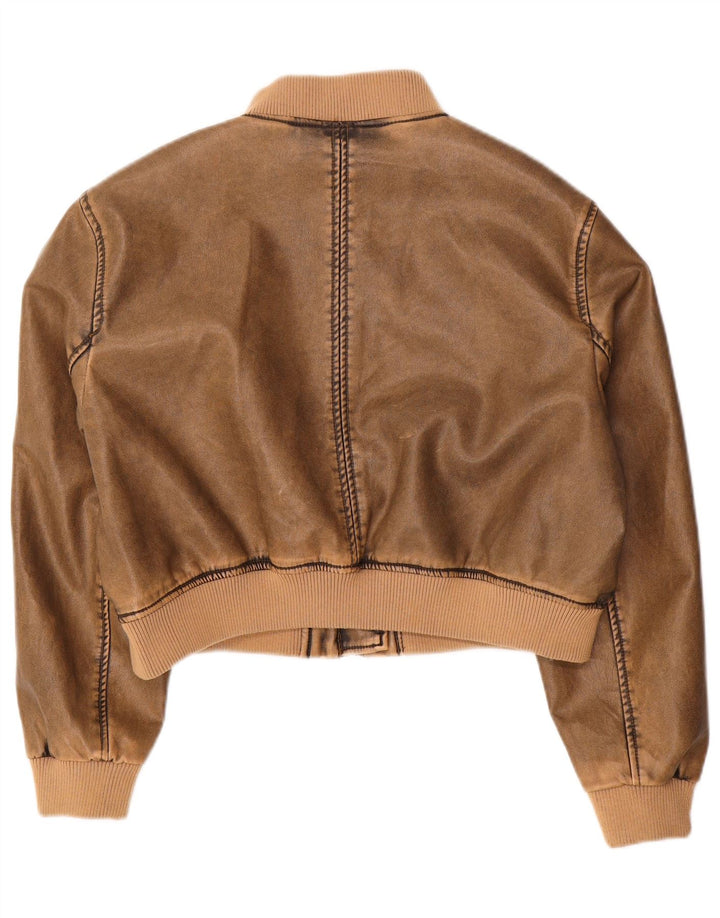 Vintage Kvinders Crop Faux Leather Bomber Jacket UK 14 Medium Brown