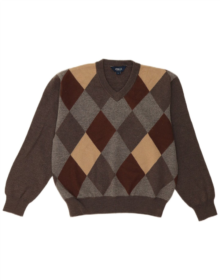 Vintage Dame V-hals sweater UK 16 Large Grey Argyle/Diamond Wool