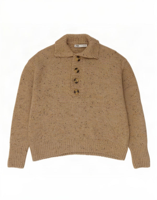 Zara Dame Oversized Polo Neck Jumper Sweater UK 10 Small Beige Flecked