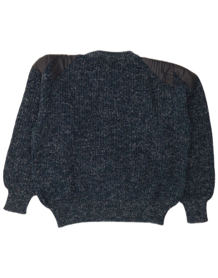 Vintage trøje med rund hals til mænd Medium marineblå flækket uld