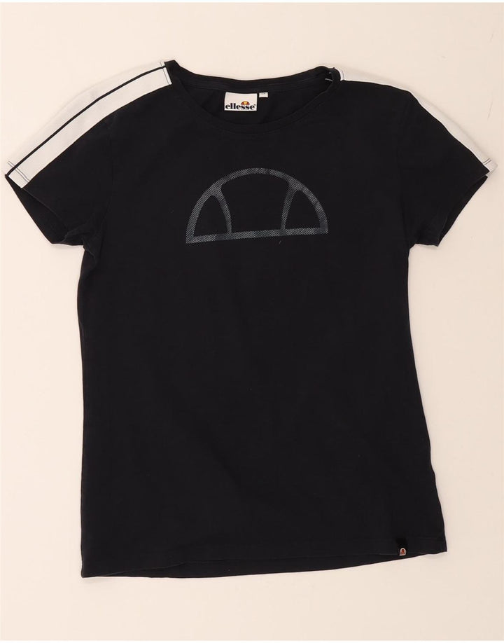 ELLESSE Womens Graphic T-Shirt Top UK 12 Medium Navy Blue Colourblock Vintage Ellesse and Second-Hand Ellesse from Messina Hembry 