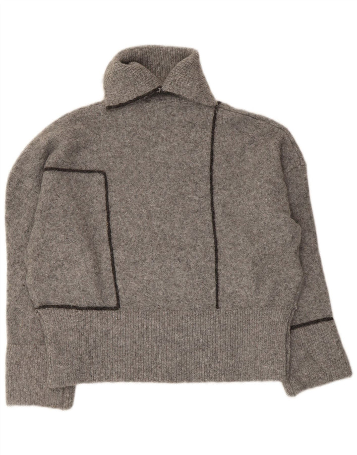 Zara Dame Oversized Roll Neck Jumper Sweater UK 10 Small Grå Akryl