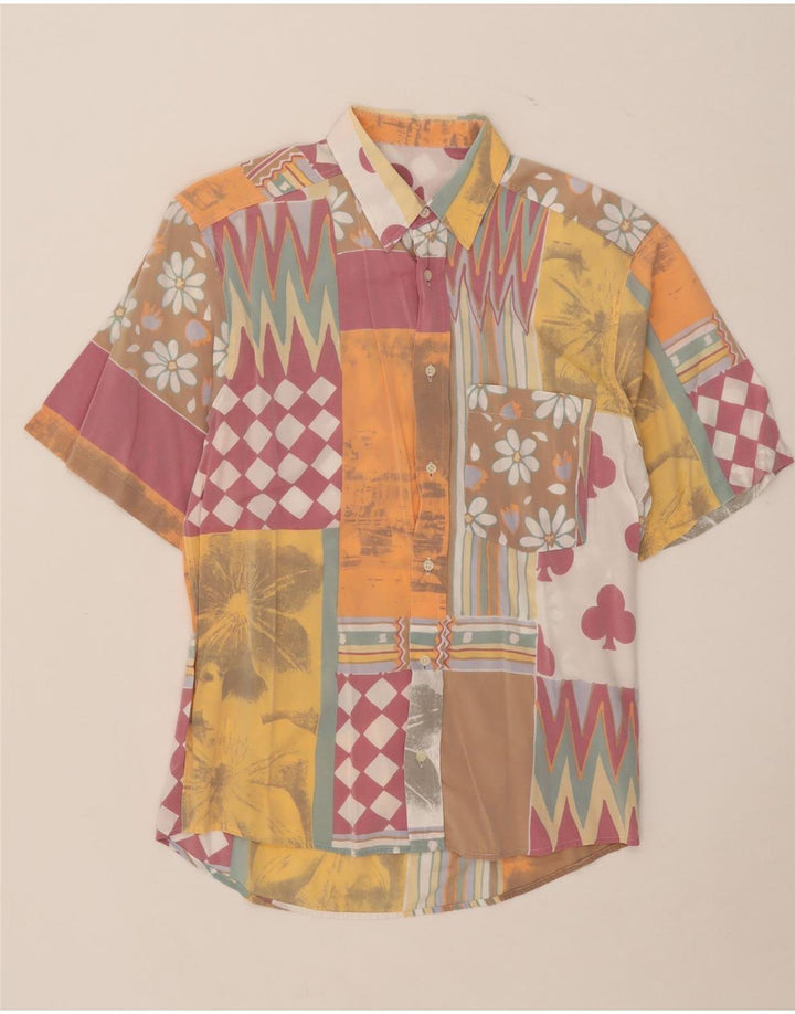 Vintage Kortærmet Herreskjorte Medium Flerfarvet Patchwork