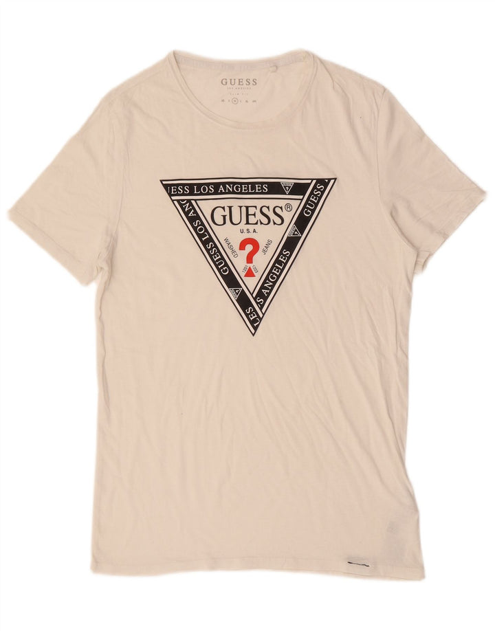 GUESS Herre Slim Fit Grafisk T-shirt Top Medium Off White Bomuld